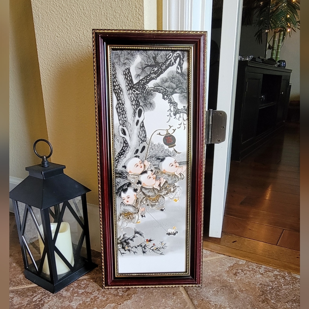 Chinese Porcelain Tile Plaque Painting Group Baby Games